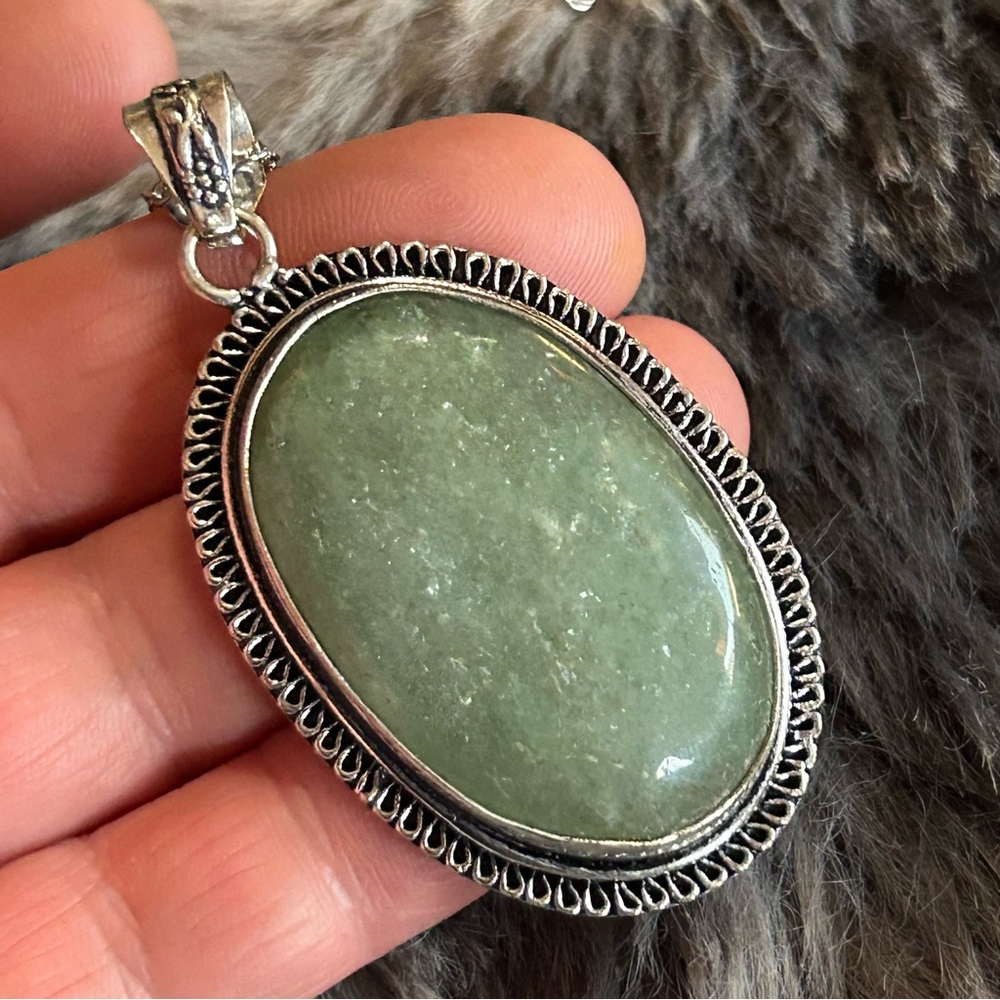 Handcrafted framed oval aventurine 925 sterling pendant on chain necklace